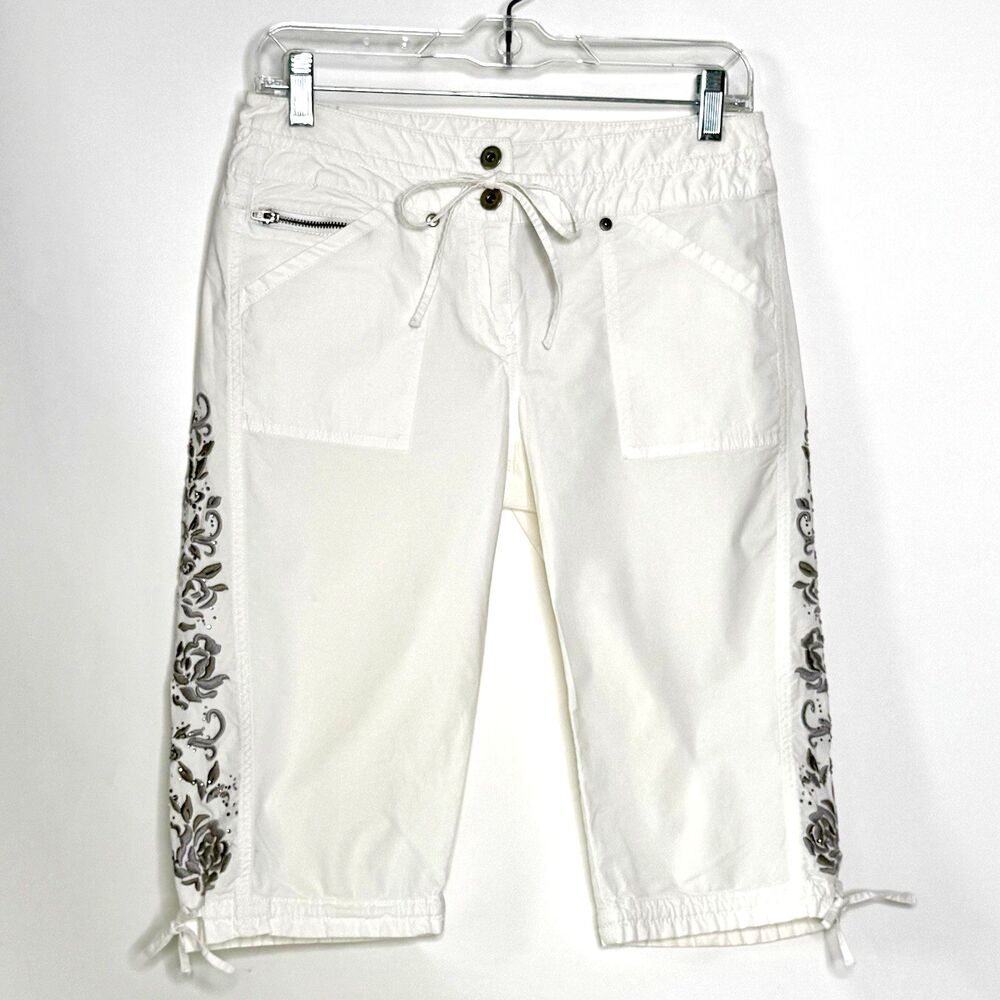INC International Concepts Women’s Sz 4P White Silver Floral Capri Pants Cropped